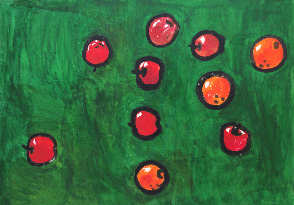 Painting of a green lawn with red apples and oranges on it.