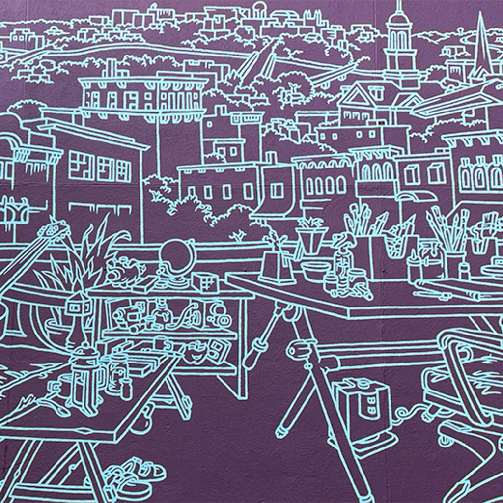 mural in pedmall line drawing on purple background