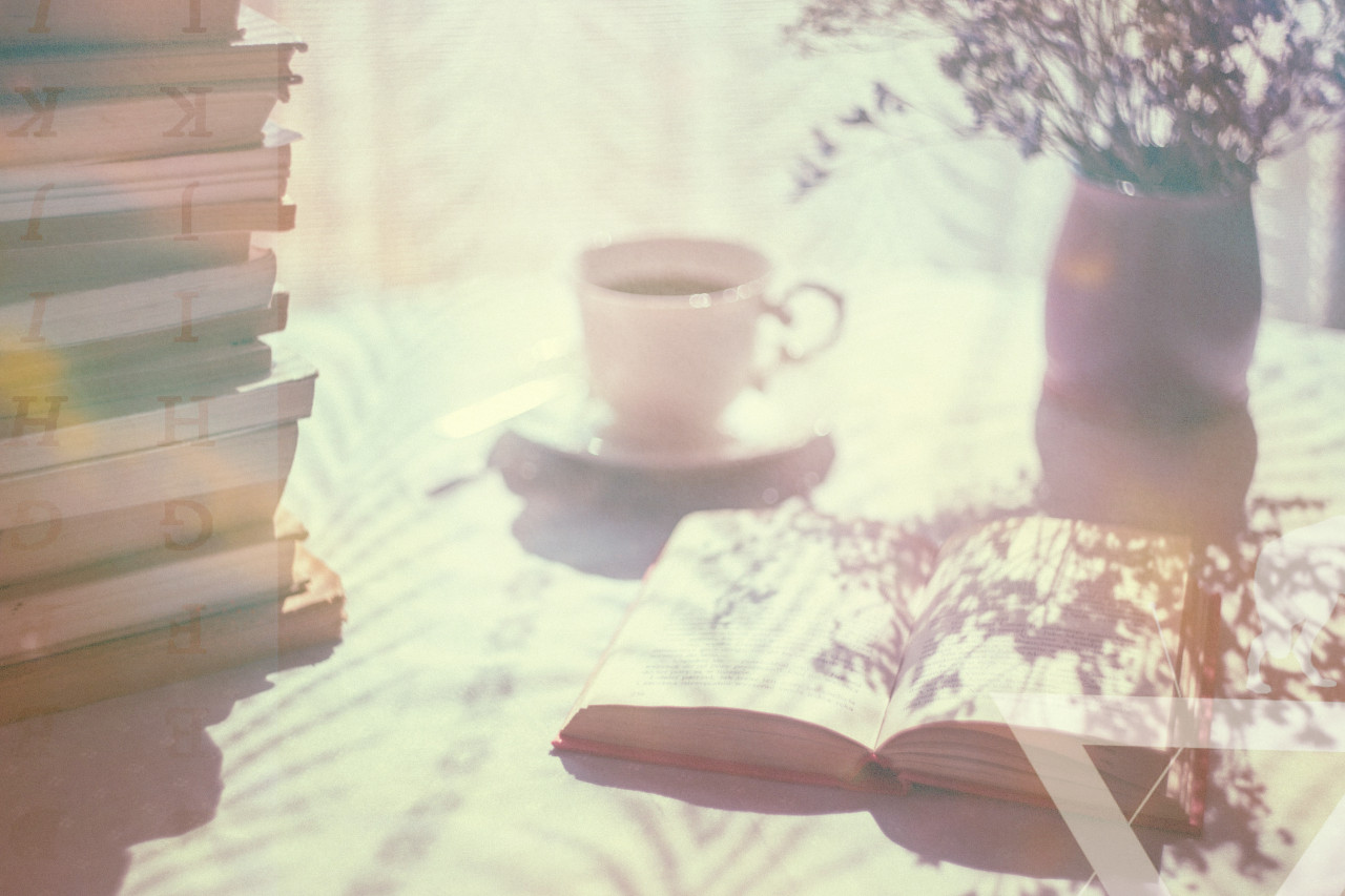 a photo of books on a table with sunlight and flowers