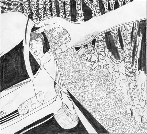 Pencil drawing of a hand reaching in toward a man driving a Toyota car.