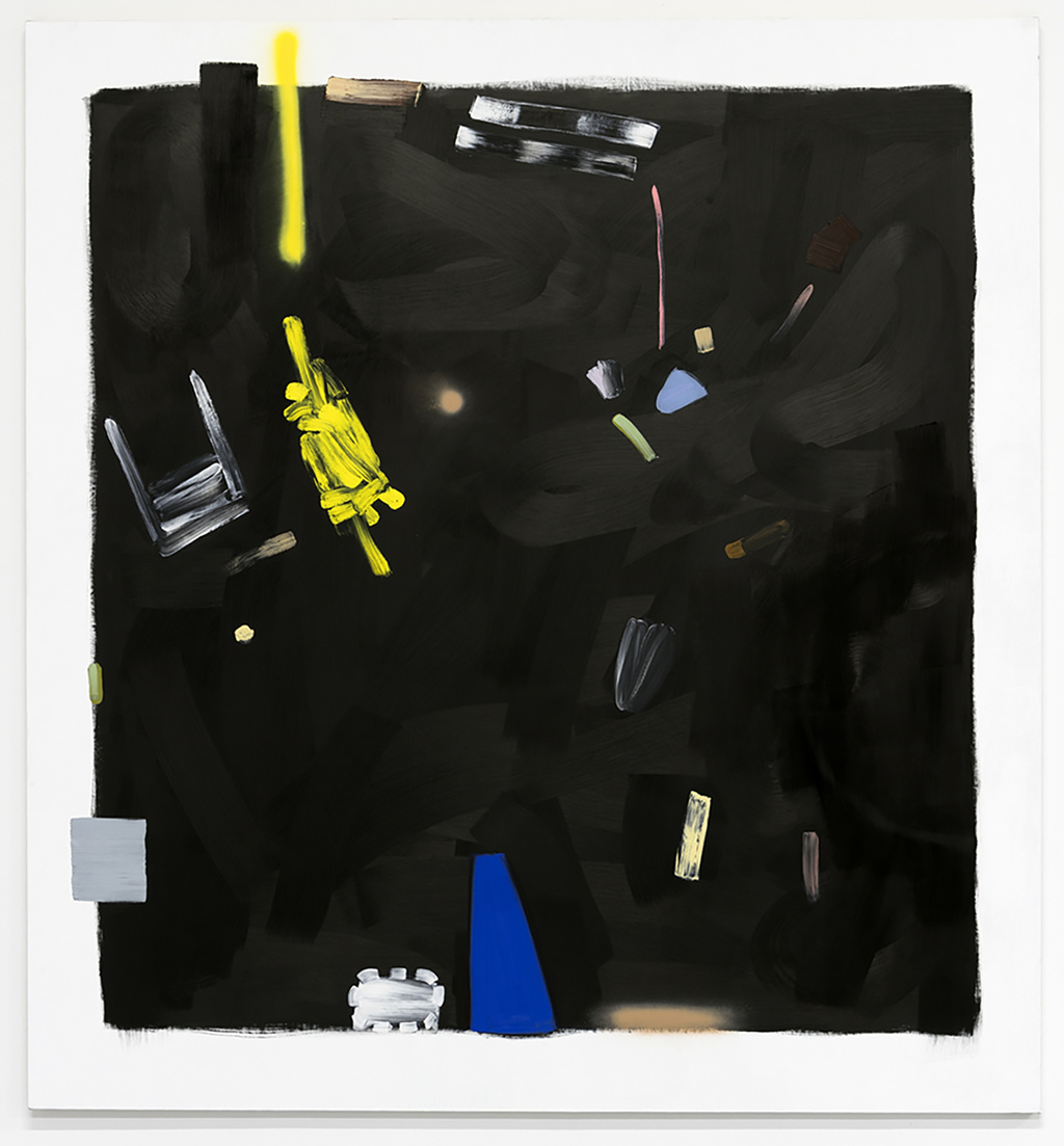 Abstract painting with black, yellow, white, light pink, and blue.