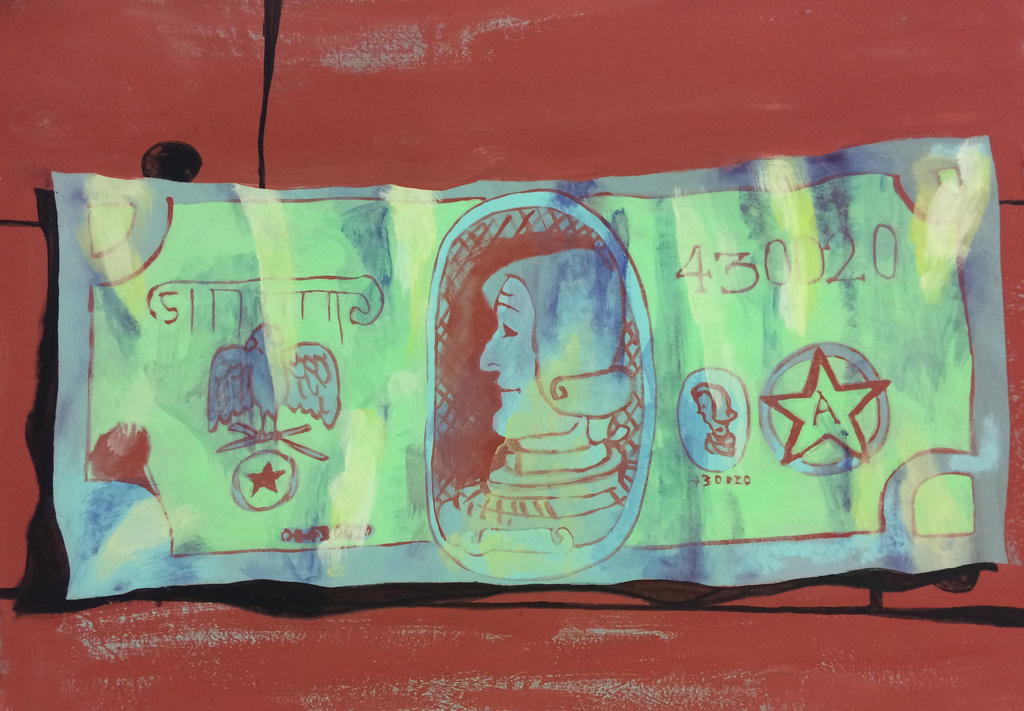 Painting of a fictitious dollar bill or currency.