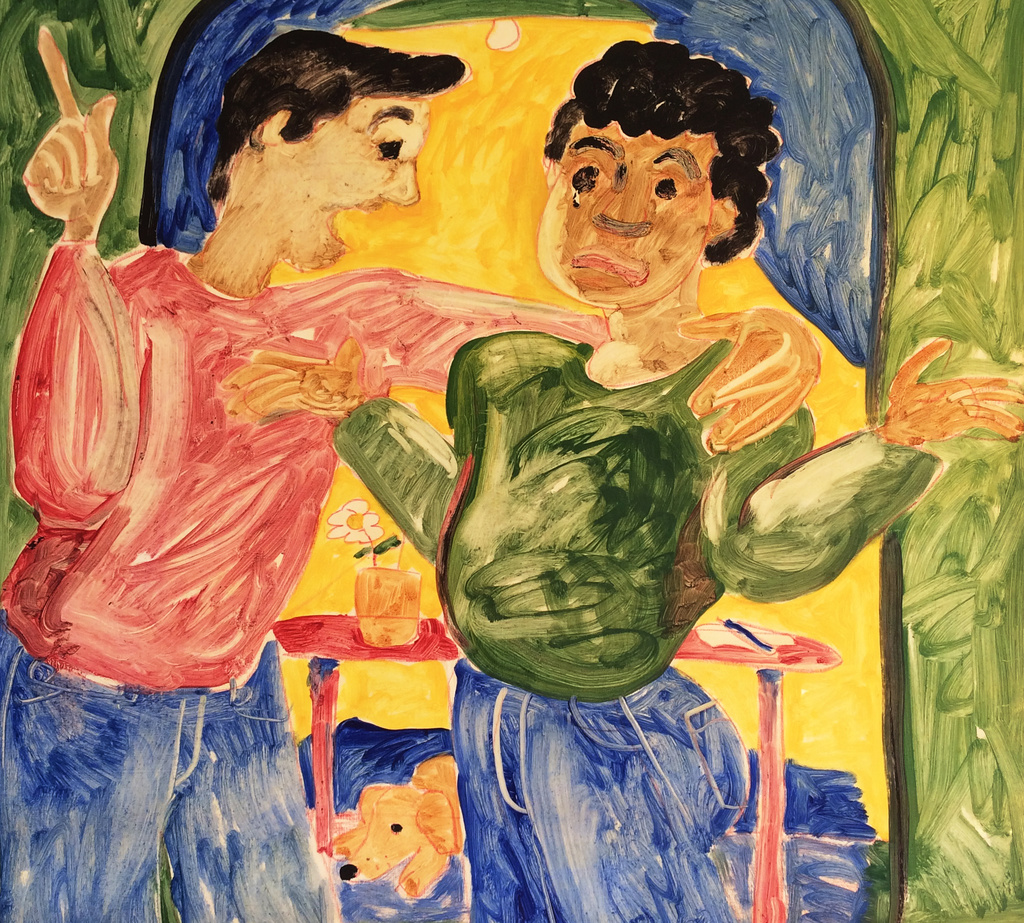 Painting of two men having a conversation and one crying.