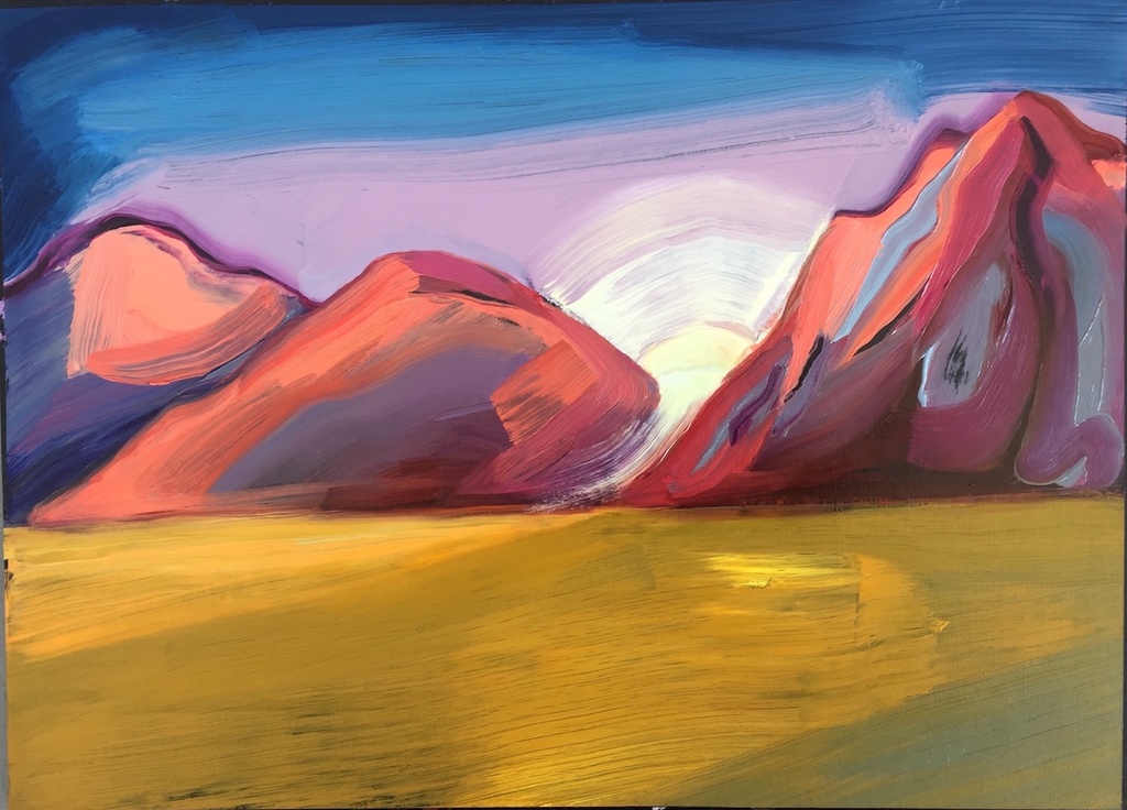 Painting of a desert, pink mountains, and a sunset.
