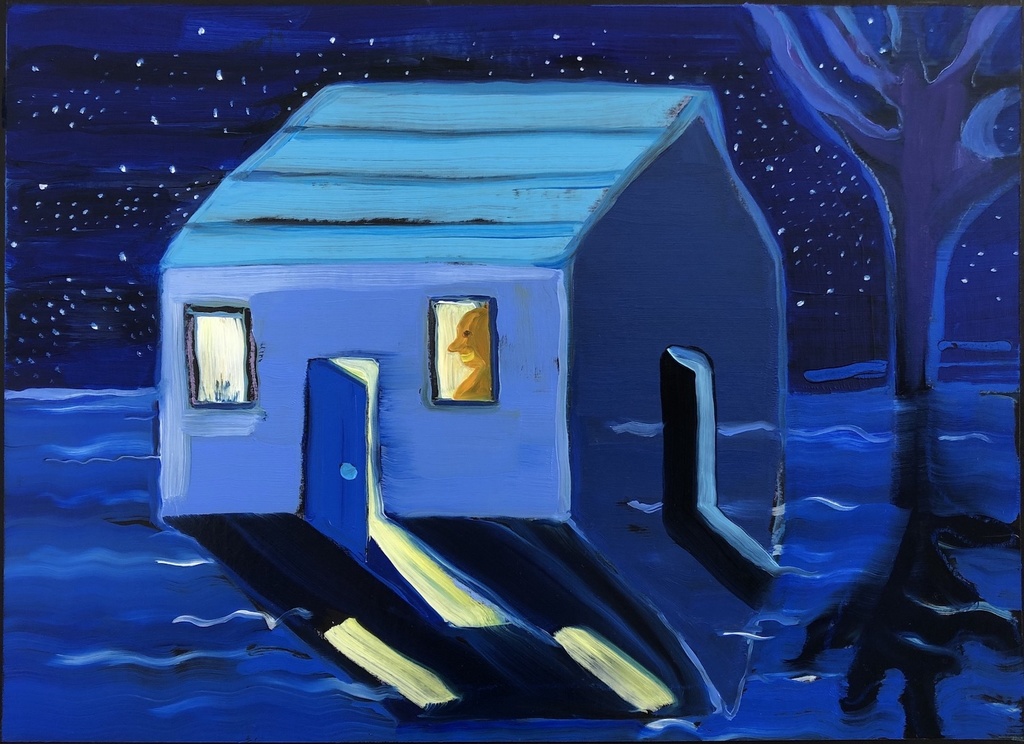 Painting of a person in a blue house at night.