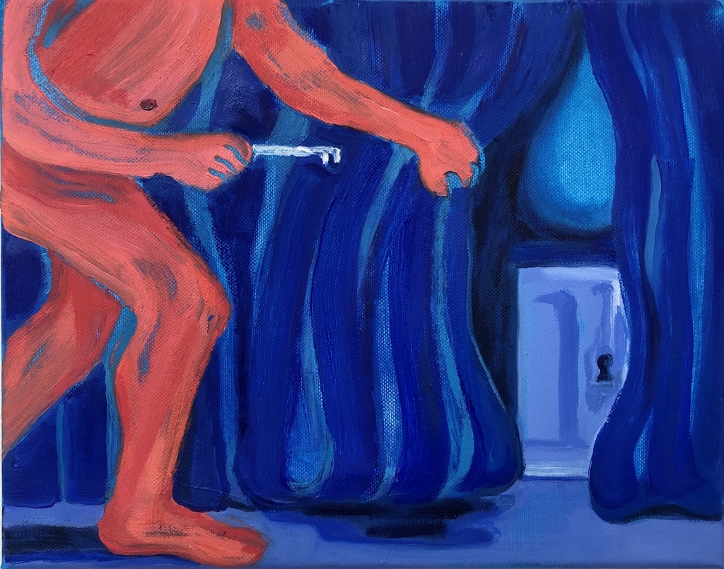 Painting of large red person with a key heading to open a small blue door.