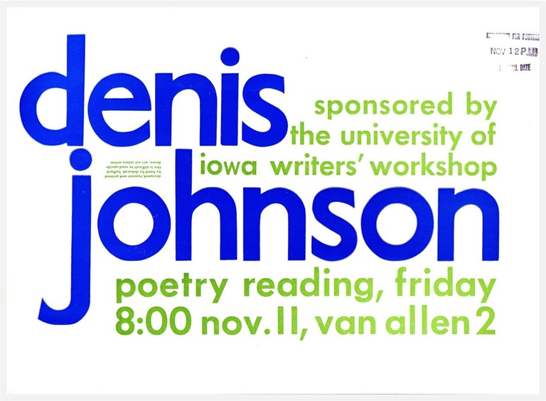 a poster for a reading with blue and green text on a white background