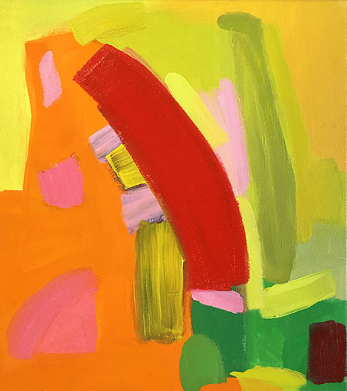 Abstract painting with red, yellow, pink, orange, and green.