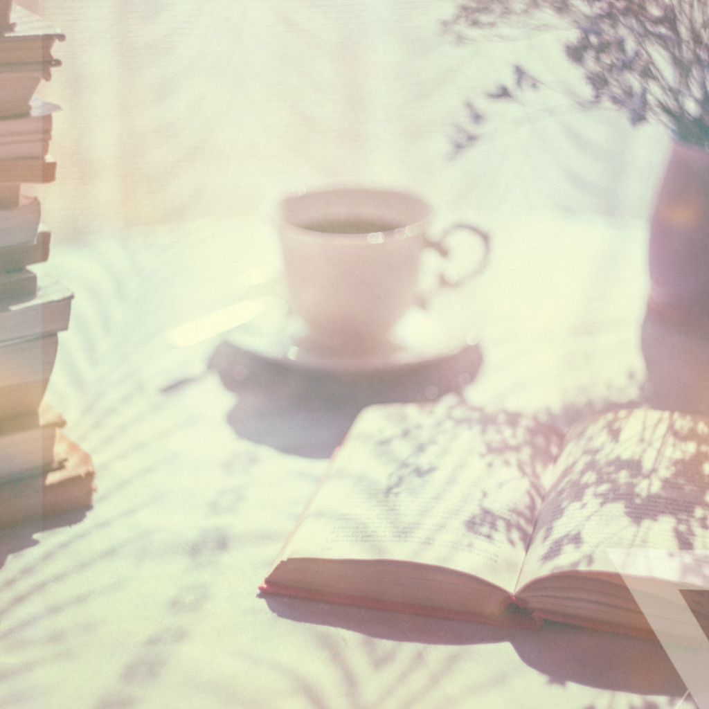 a photo of books on a table with sunlight and flowers