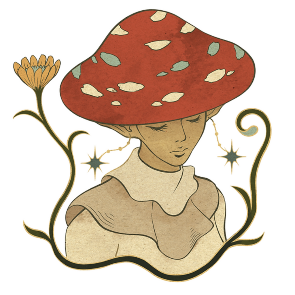 broken clock image - drawing of a woman with mushroom hat