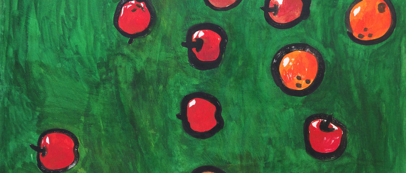 Painting of a green lawn with red apples and oranges on it.