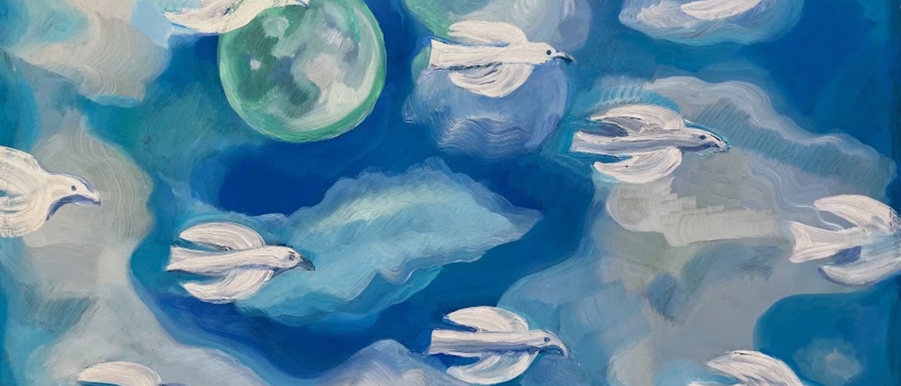 painting of birds in the sky