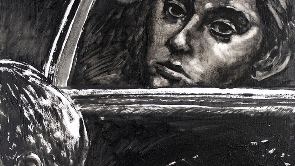 Black and white painting of person looking out of car window at another person.