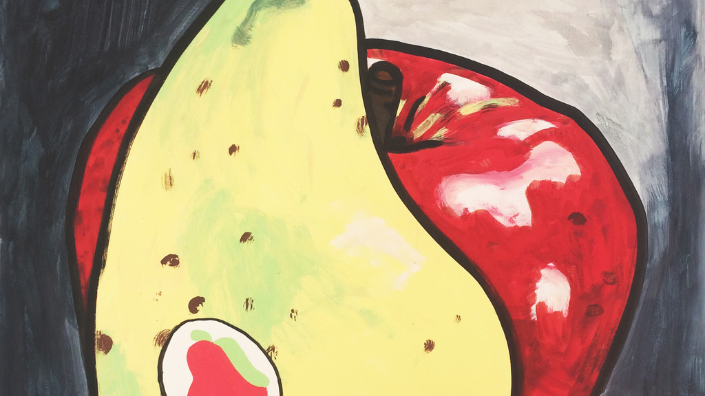 Painting of a yellow pear and a red apple.