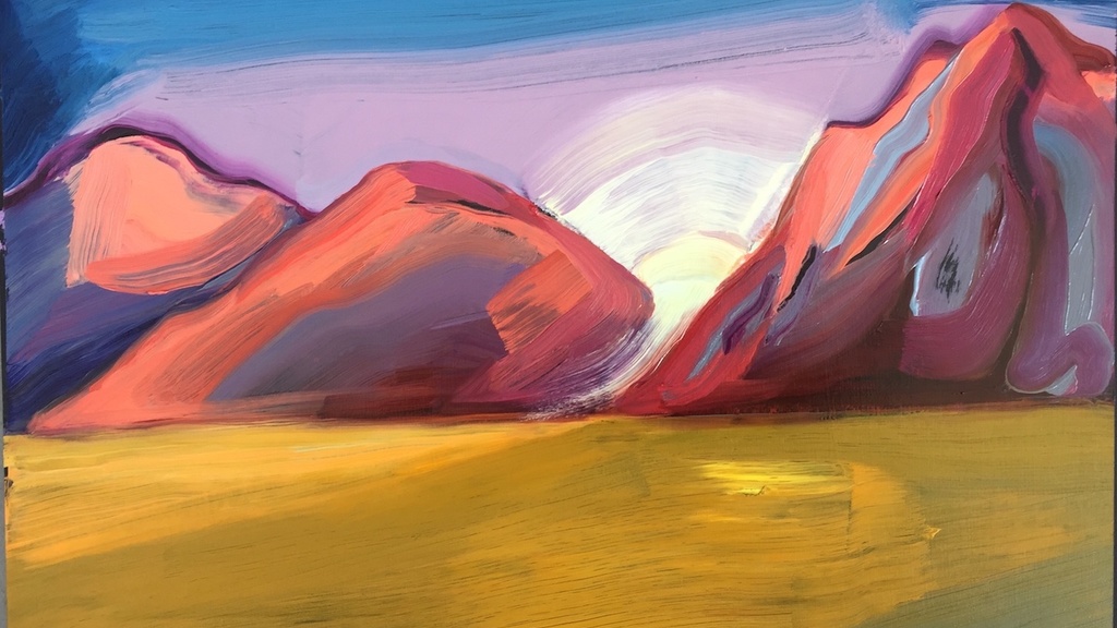 Painting of a desert, pink mountains, and a sunset.