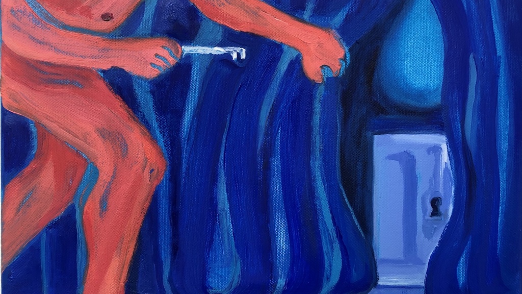Painting of large red person with a key heading to open a small blue door.