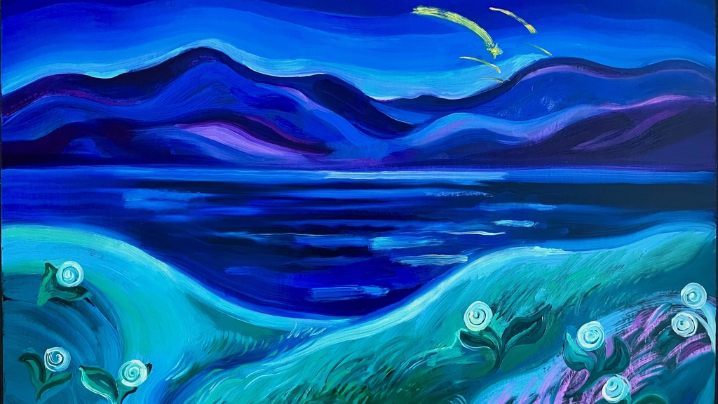 painting of a blue landscape at night