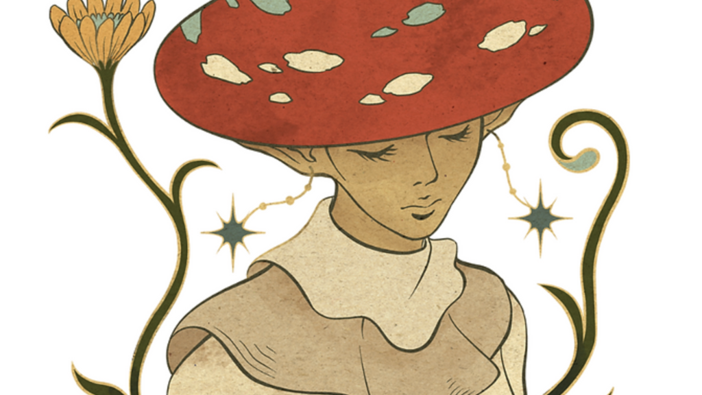 broken clock image - drawing of a woman with mushroom hat