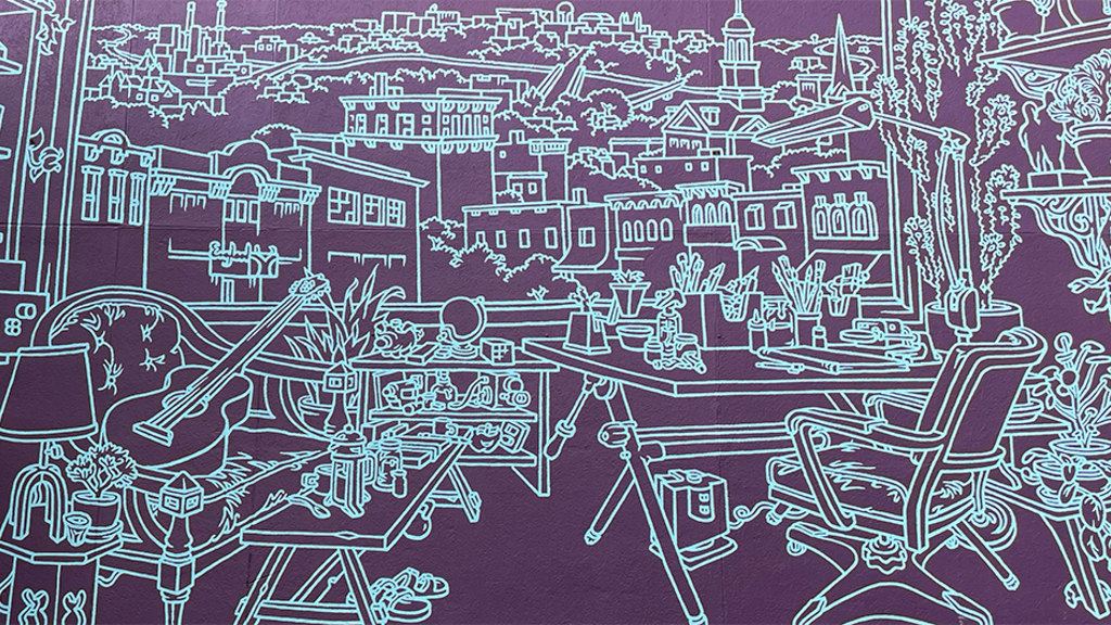 mural in pedmall line drawing on purple background